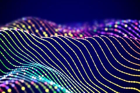 3D Sound waves with colored dots. Big data abstract visualization. Ilustração Stock