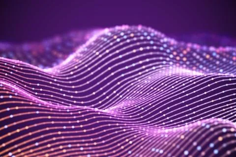 3D Sound waves with colored dots. Big data abstract visualization. Illustrazione stock