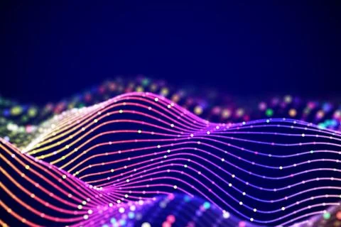 3D Sound waves with colored dots. Big data abstract visualization. Stock Illustration