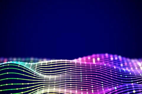 3D Sound waves with colored dots. Big data abstract visualization. Stock Illustration