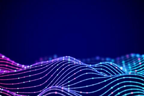 3D Sound waves with colored dots. Big data abstract visualization. Stock Illustration