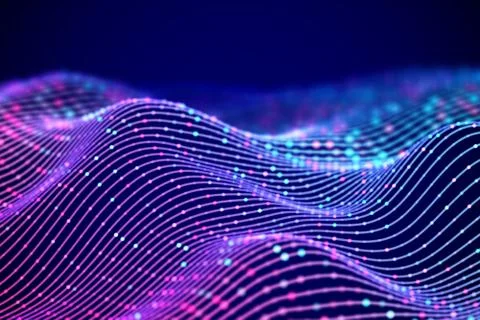 3D Sound waves with colored dots. Big data abstract visualization. Stock Illustration