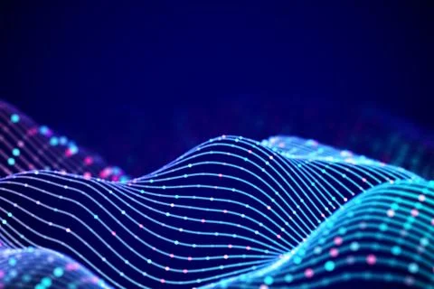 3D Sound waves with colored dots. Big data abstract visualization. Stock Illustration