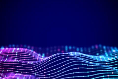 3D Sound waves with colored dots. Big data abstract visualization. Ilustração Stock