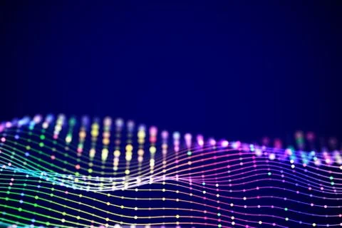 3D Sound waves with colored dots. Big data abstract visualization. Stock Illustration