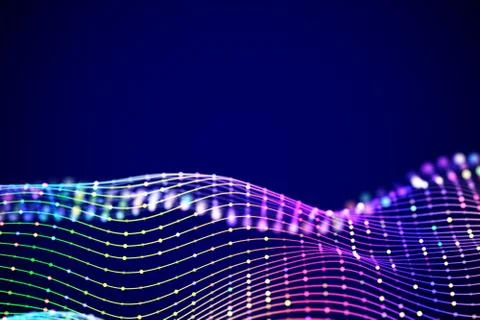 3D Sound waves with colored dots. Big data abstract visualization. Stock Illustration