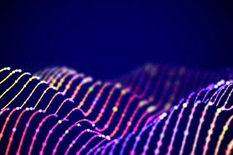 3D Sound waves with colored dots. Big data abstract visualization. Stock Illustration