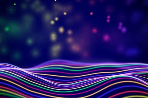 3D Sound waves with floating particles. Data abstract visualization. Stock Illustration