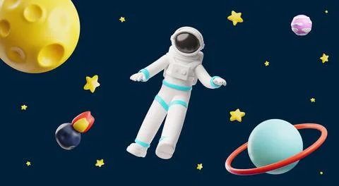 3D space background with an astronaut, planets, stars, and meteorite. 스톡 일러스트