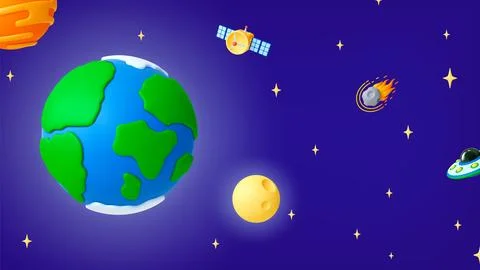 3d space background. Earth planet sun and moon, satellite asteroid and ufo Stock Illustration