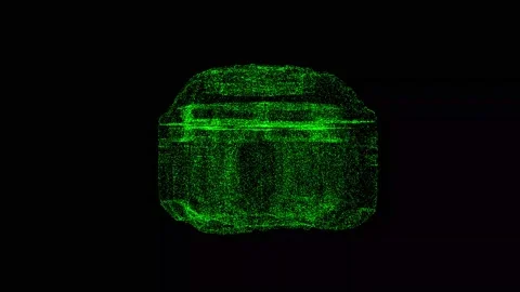 3D space case rotates on black bg. Object dissolved green flickering particles Stock Footage 235945337