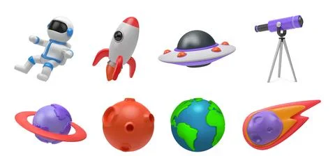 3d space icons. Rocket planet and moon, flying astronaut, star and spaceship  Stock Illustration