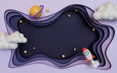 3d space paper cut. Creative space design with star and clouds on purple Stock Illustration