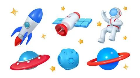 3D space. Planet and rocket icons. Astronaut in spacesuit. Earth satellite Stock Illustration