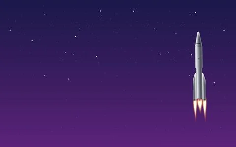 3D space rocket fly after take off in the gradient sky at night, horizontal Ilustração Stock