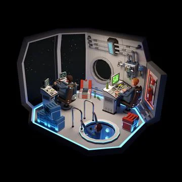 3d spacecraft cabin interior with control panels and crew Stock Illustration