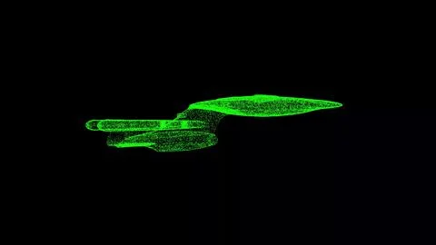3D spaceship on black bg. Object dissolved green flickering particles. Busi.. Illustrazione stock