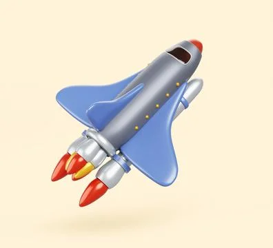 3d spaceship take off with fire. Rocket launch, space shuttle flight, mission Illustrazione stock