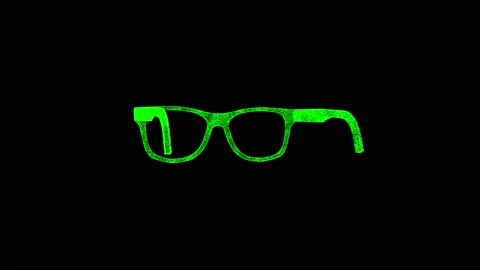 3D spectacles sunglasses rotates on black bg. Object dissolved green flickering Stock Footage 235941363