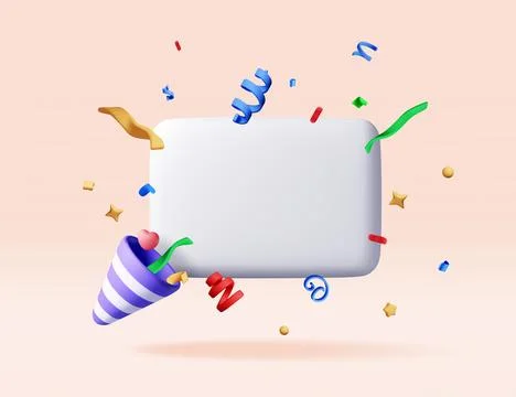 3d speech bubble with confetti and firecracker. Stock Illustration