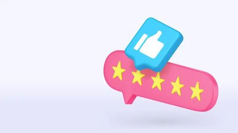 3d speech bubble with five stars and thumb up icon. Cartoon vector illustrati Illustrazione stock