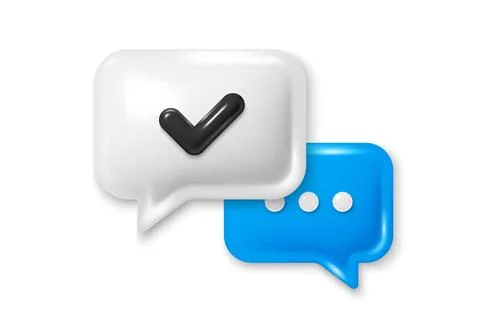 3d speech bubble icon with checkmark. Chat comment with ellipsis icon. Talk Stock Illustration
