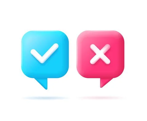 3d Speech Bubble Icons with Check Mark Cartoon Style. Vector Illustrazione stock