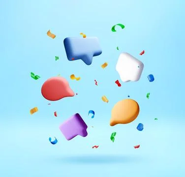 3D speech bubble icons floating with confetti Ilustração Stock