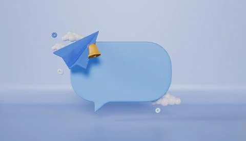 3D Speech bubble message with Paper airplane and Bell notification Stock Illustration