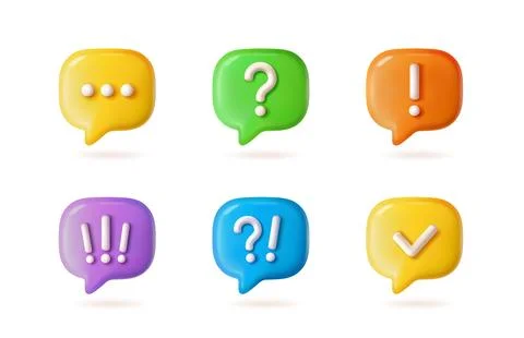 3D speech bubble set. Rendered icons with question mark, exclamation point, and Stock Illustration