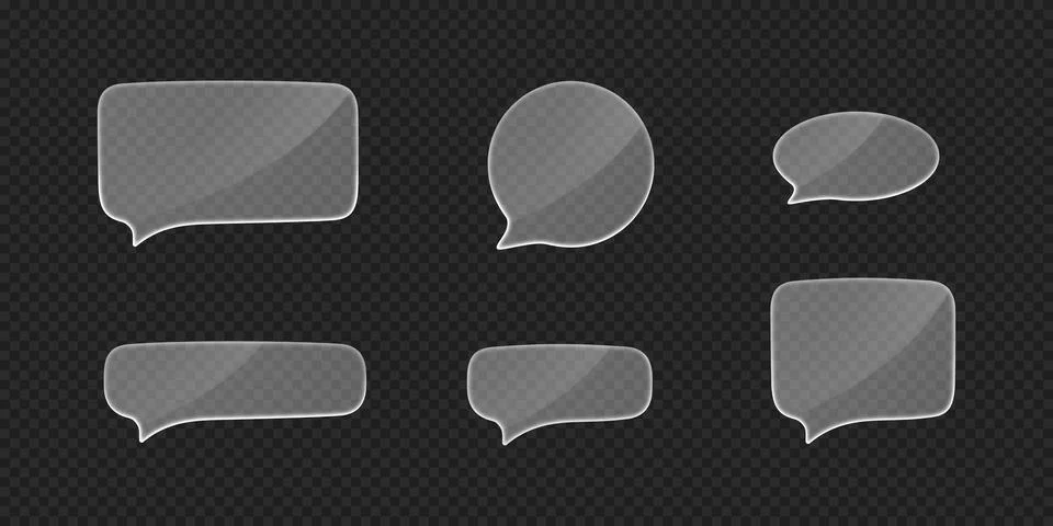 3D speech bubbles in glass morphism style vector set, circle, oval, rectangle Stock Illustration