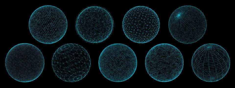 3d sphere globe, grid and wireframe, network balls Stock Illustration