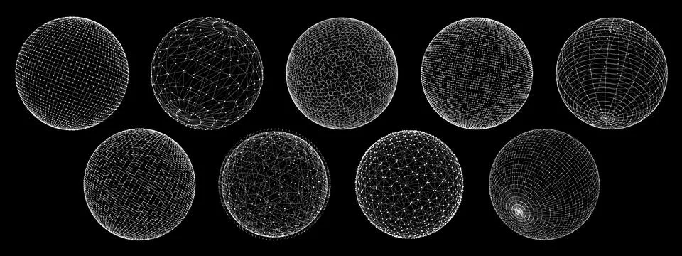 3D sphere globe wireframe grid, wire mesh shapes Illustrazione stock