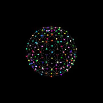 3d sphere from lines and dots. Isolated on black background. 스톡 일러스트