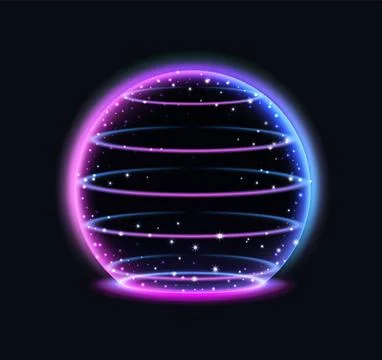 3d sphere shield. Neon glowing round protective barrier, iridescent aura ball Stock Illustration