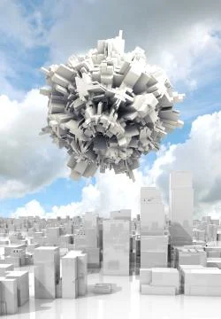 3d spheric objecte flying over white cityscape Stock Illustration