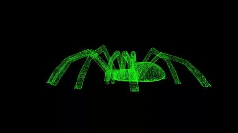3D spider on black bg. Object dissolved green flickering particles. Business  Stock Illustration