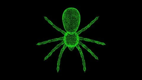 3D spider on black bg. Object dissolved green flickering particles. Busines.. Stock Illustration
