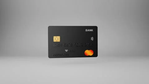 3D spinning and flying virtual dark black credit debit plastic bank dark card Stock Footage 167739369