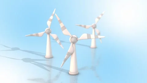 3D Spinning Wind Turbines on a Reflective Floor. Windmill Farm 3D Animation. 4K Stock Footage 287991852