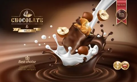 3D splashes of melted chocolate and milk with falling piece of chocolate bar. Stock-Illustration