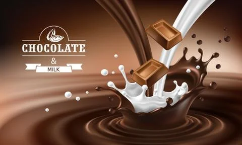 3D splashes of melted chocolate and milk with falling pieces of chocolate bars. Stock Illustration