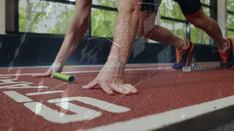 3D sprinter reaching forward to pick green baton, planting hands and bracing Stock Footage 334883687