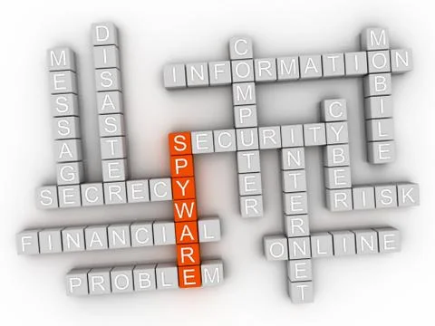 3d Spyware word cloud concept on white background. 3D rendering. Stock Illustration