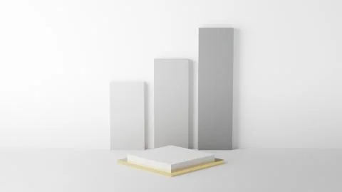 3D of square podium white and gold colour on with white graph and wall. 3D Re Stock Illustration