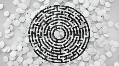 3D Square Tiles Scattered On The Floor With Labyrinth Symbol, 3D Rendering Ba Stock Illustration