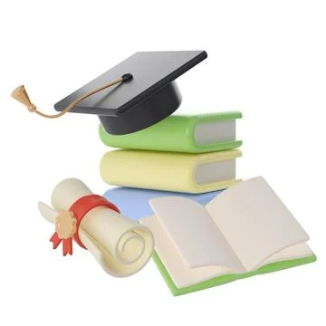 3D Stack of Books, Diploma scroll and university or college black cap graduate 스톡 일러스트