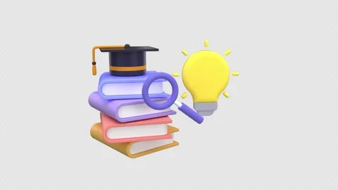 3D stack of books with graduation cap, magnifying glass, and light bulb sym.. Stock Footage 310672427