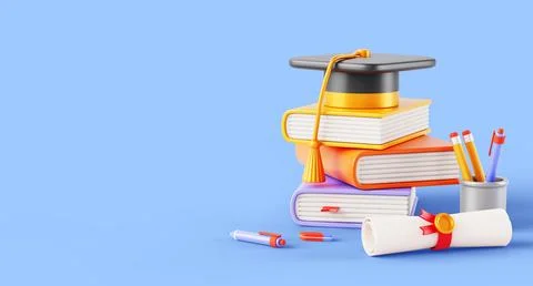 3d stack of books with graduation cap and paper diploma rolled. Color pile of Illustrazione stock