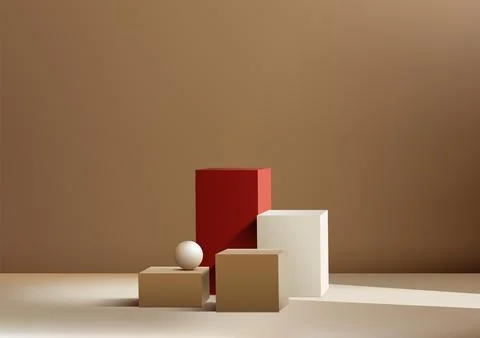 3D stack of boxes podium with a white ball on top against a brown wall back.. Stock Illustration